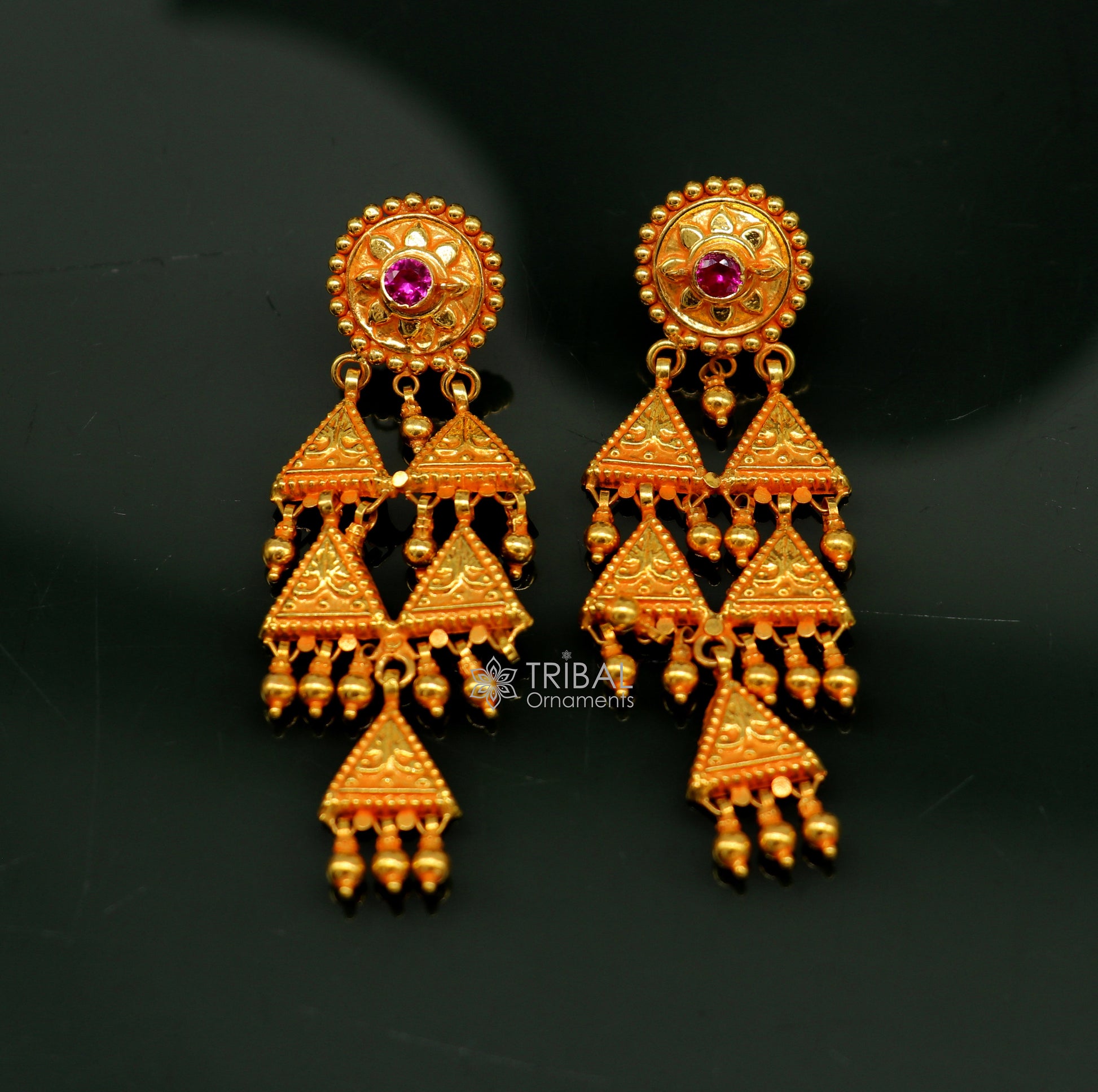 Vintage tribal earrings in 22kt yellow gold, handmade traditional Indian jewelry with ethnic tribal design for women.