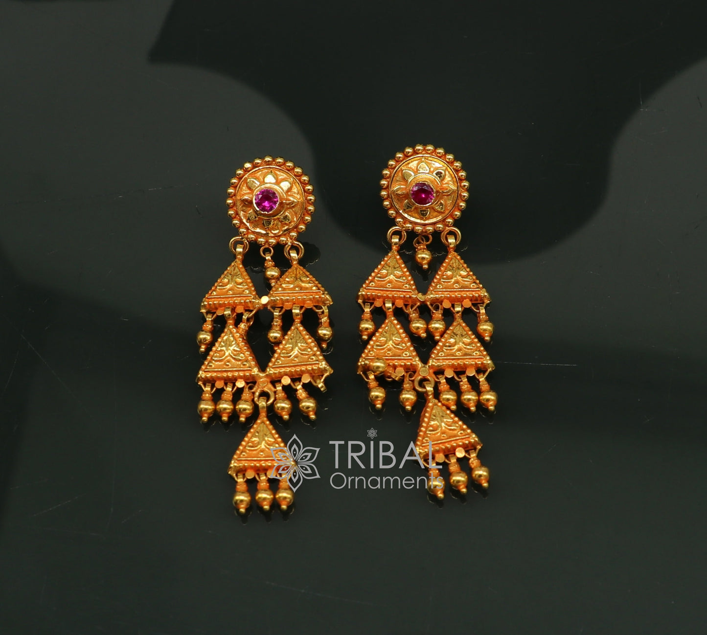 Traditional Tribal Earrings in 22KT yellow gold, handmade Indian ethnic jewelry with intricate cultural design by Tribal Ornaments.