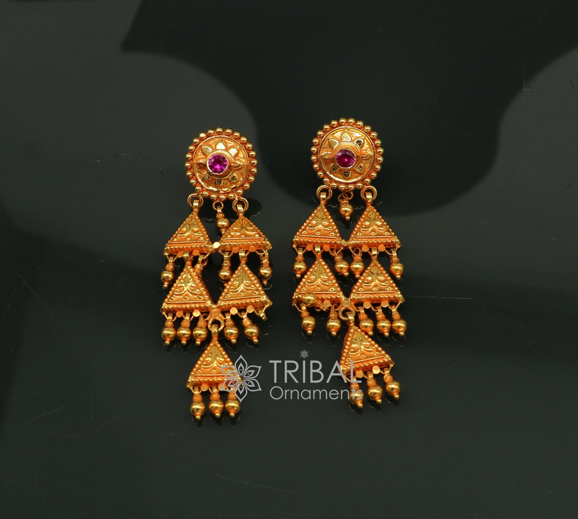 Traditional Tribal Earrings in 22KT yellow gold, handmade Indian ethnic jewelry with intricate cultural design by Tribal Ornaments.