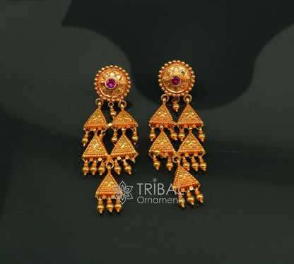 Traditional Tribal Earrings in 22KT yellow gold, handmade Indian ethnic jewelry with intricate cultural design by Tribal Ornaments.