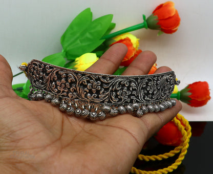 Vintage tribal sterling silver charm necklace with customized chitai and kandrai work, featuring a fit neck choker design.