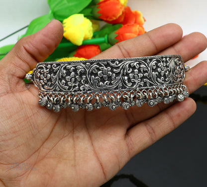 Vintage tribal-style 925 sterling silver chitai charm necklace with kandrai work, designed as a fit neck choker tribal jewelry set.