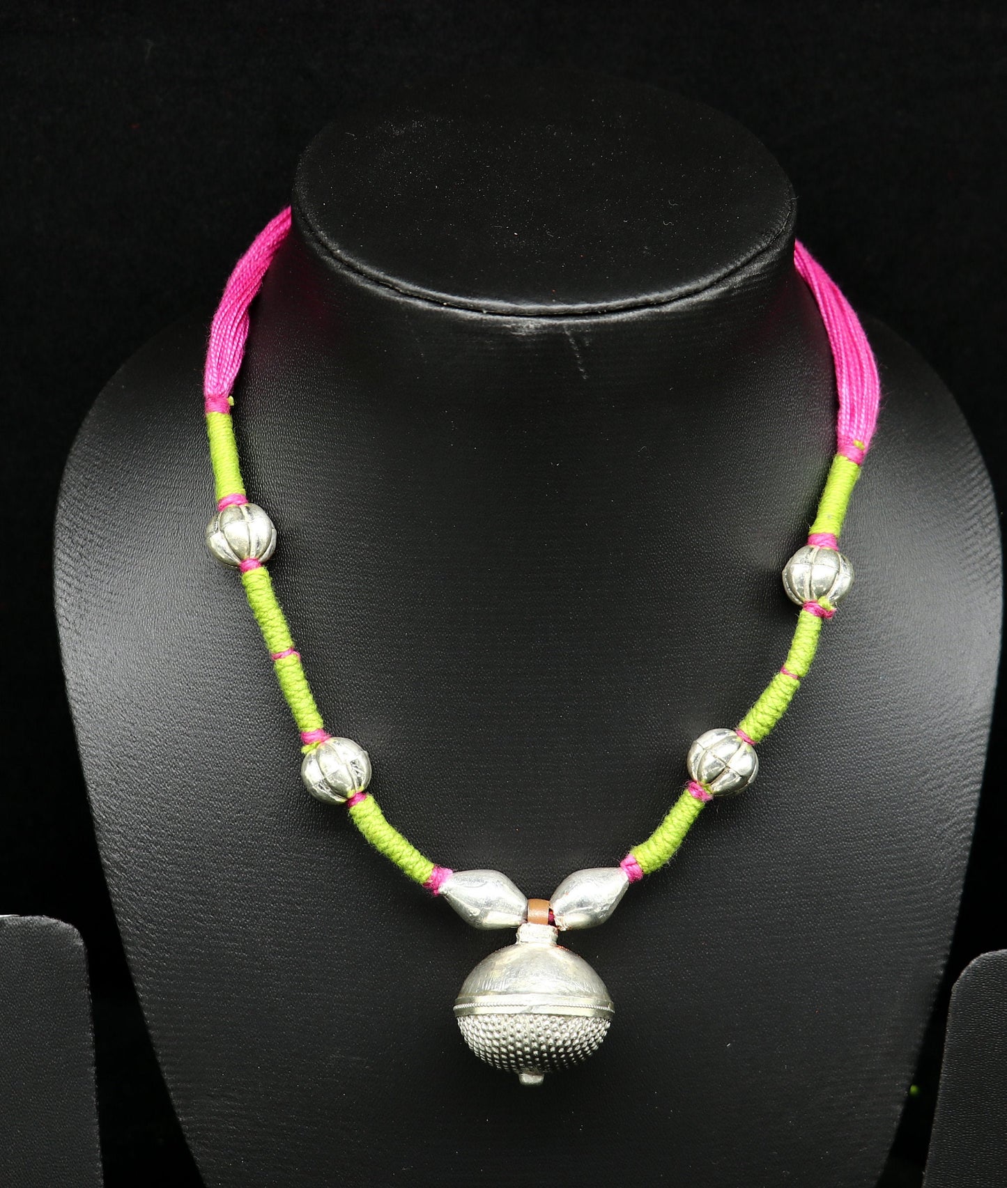 Vintage traditional stylish sterling silver beads with pink thread charm necklace, wedding choker tribal brides adjustable jewelry set188 - TRIBAL ORNAMENTS