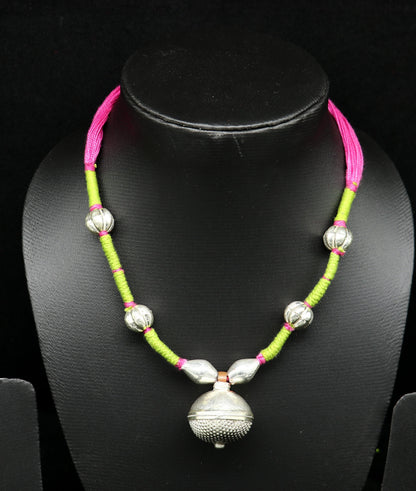 Vintage traditional stylish sterling silver beads with pink thread charm necklace, wedding choker tribal brides adjustable jewelry set188 - TRIBAL ORNAMENTS