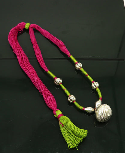 Vintage traditional stylish sterling silver beads with pink thread charm necklace, wedding choker tribal brides adjustable jewelry set188 - TRIBAL ORNAMENTS