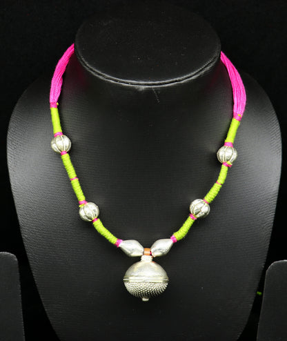 Vintage traditional stylish sterling silver beads with pink thread charm necklace, wedding choker tribal brides adjustable jewelry set188 - TRIBAL ORNAMENTS