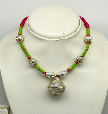 Vintage traditional stylish sterling silver beads with pink thread charm necklace, wedding choker tribal brides adjustable jewelry set188 - TRIBAL ORNAMENTS