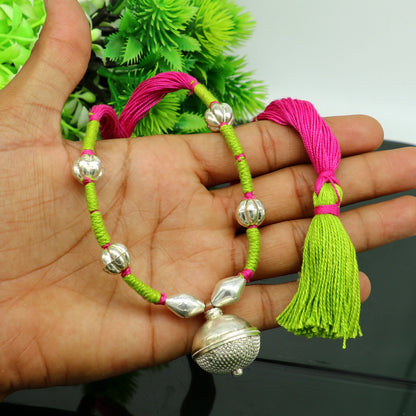 Vintage traditional stylish sterling silver beads with pink thread charm necklace, wedding choker tribal brides adjustable jewelry set188 - TRIBAL ORNAMENTS