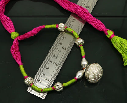 Vintage traditional stylish sterling silver beads with pink thread charm necklace, wedding choker tribal brides adjustable jewelry set188 - TRIBAL ORNAMENTS