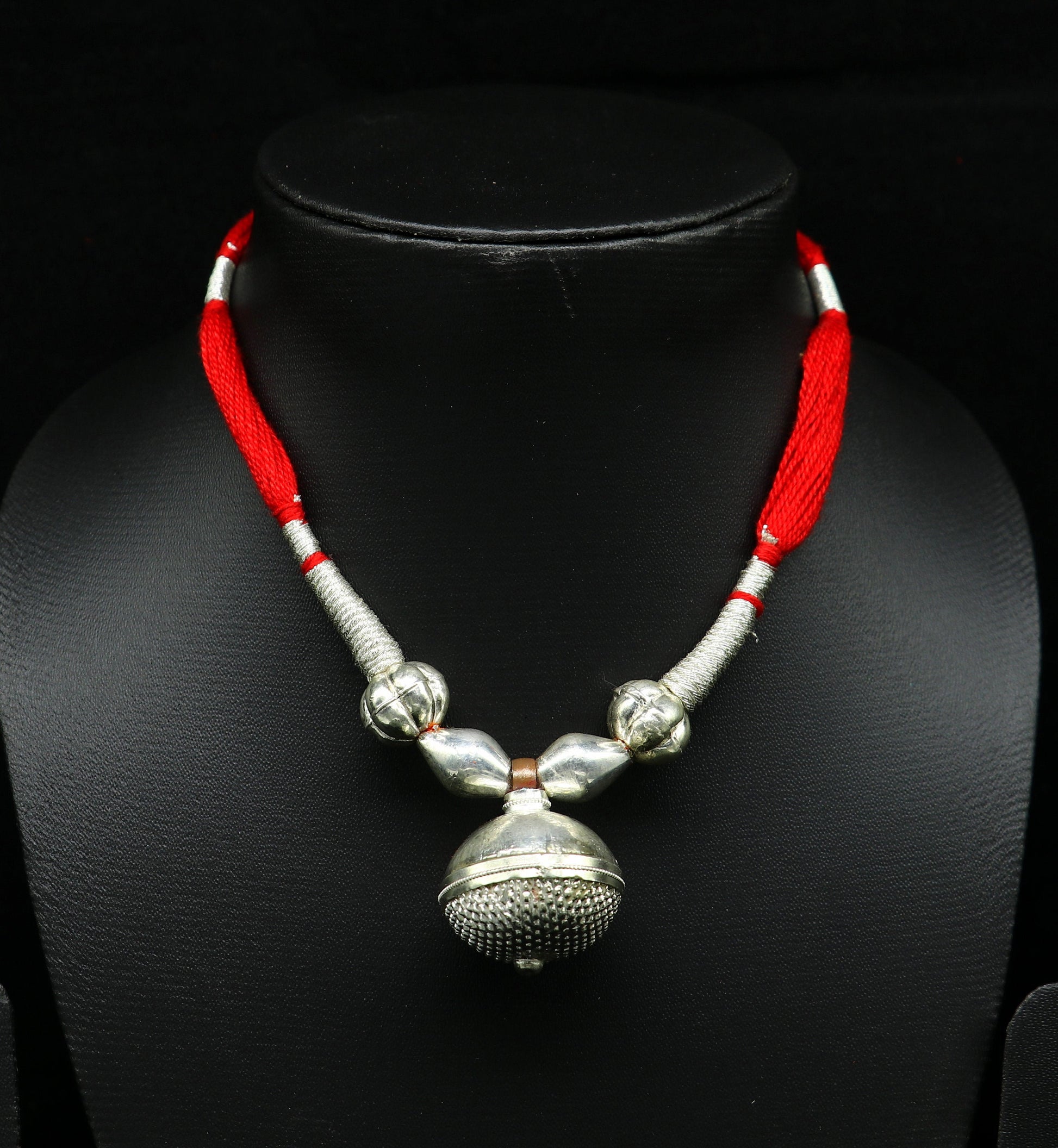 Vintage tribal sterling silver beads with red thread charm necklace, adjustable wedding choker for brides, tribal jewelry set