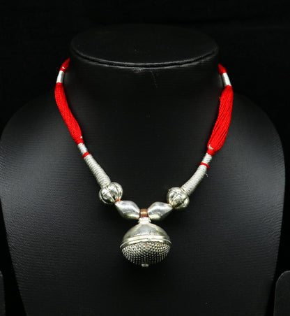 Vintage tribal sterling silver beads with red thread charm necklace, adjustable wedding choker for brides, tribal jewelry set