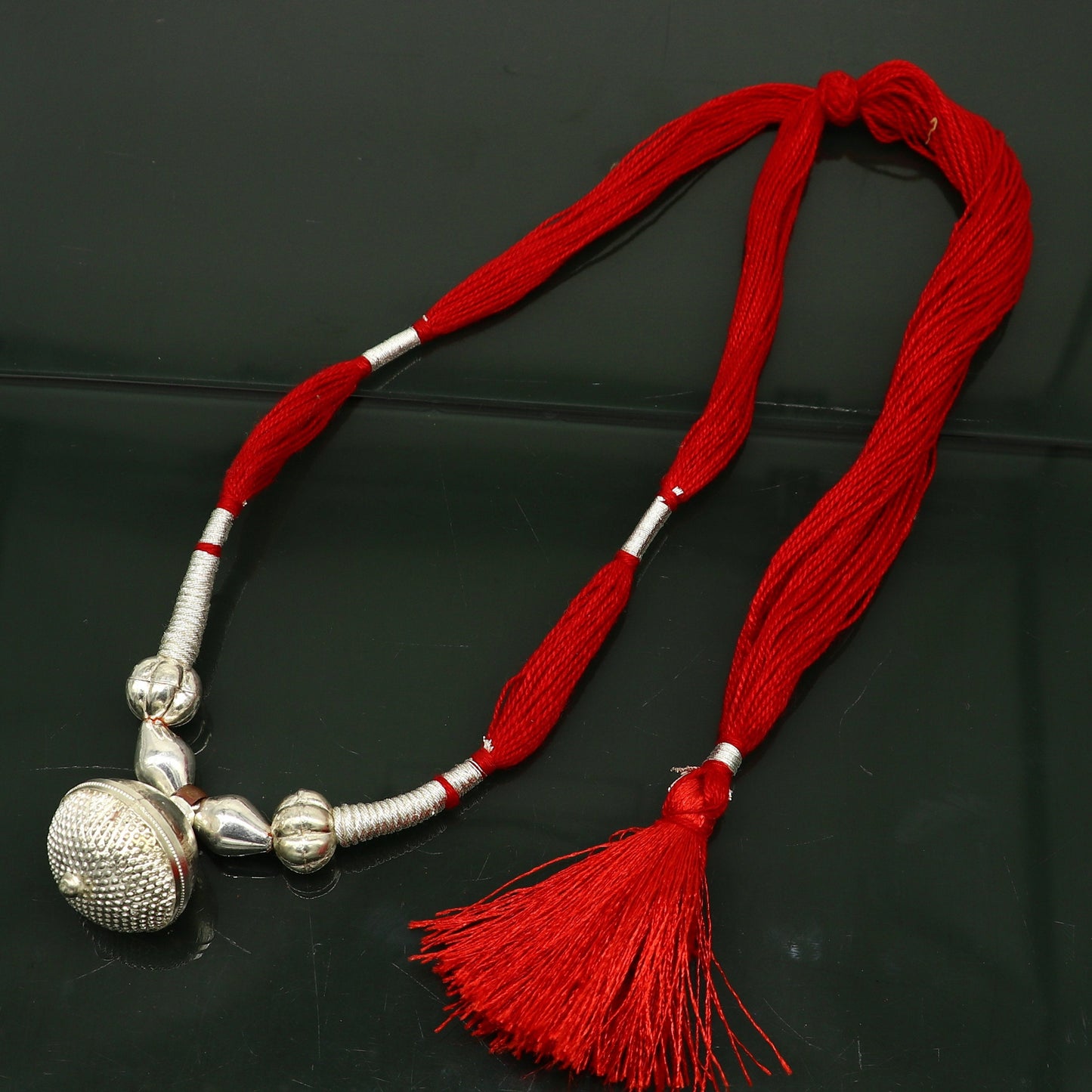 Vintage tribal sterling silver beads with red thread charm necklace, adjustable wedding choker for brides, traditional jewelry set