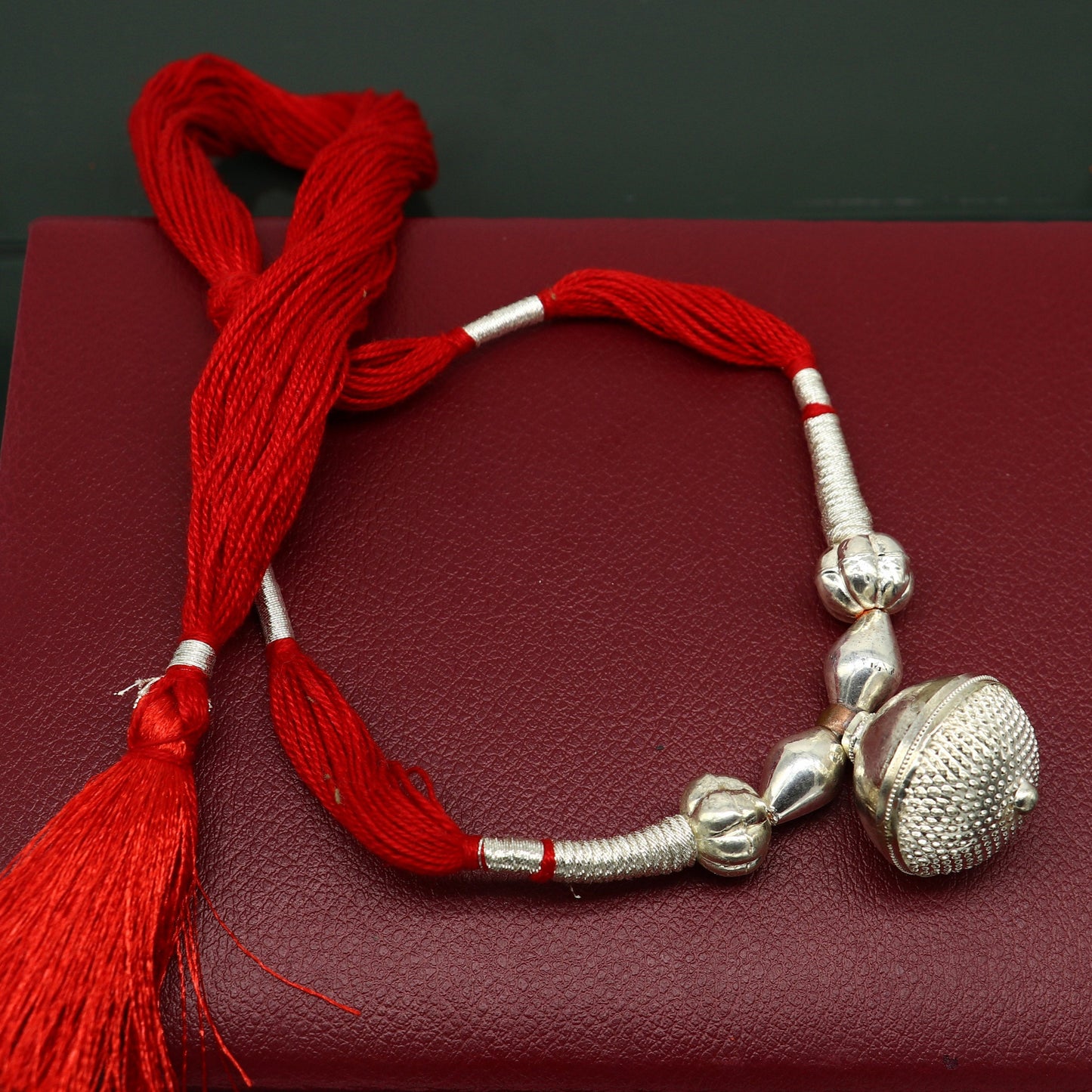 Vintage tribal sterling silver beads necklace with red thread charm, adjustable wedding choker for brides, stylish tribal jewelry set