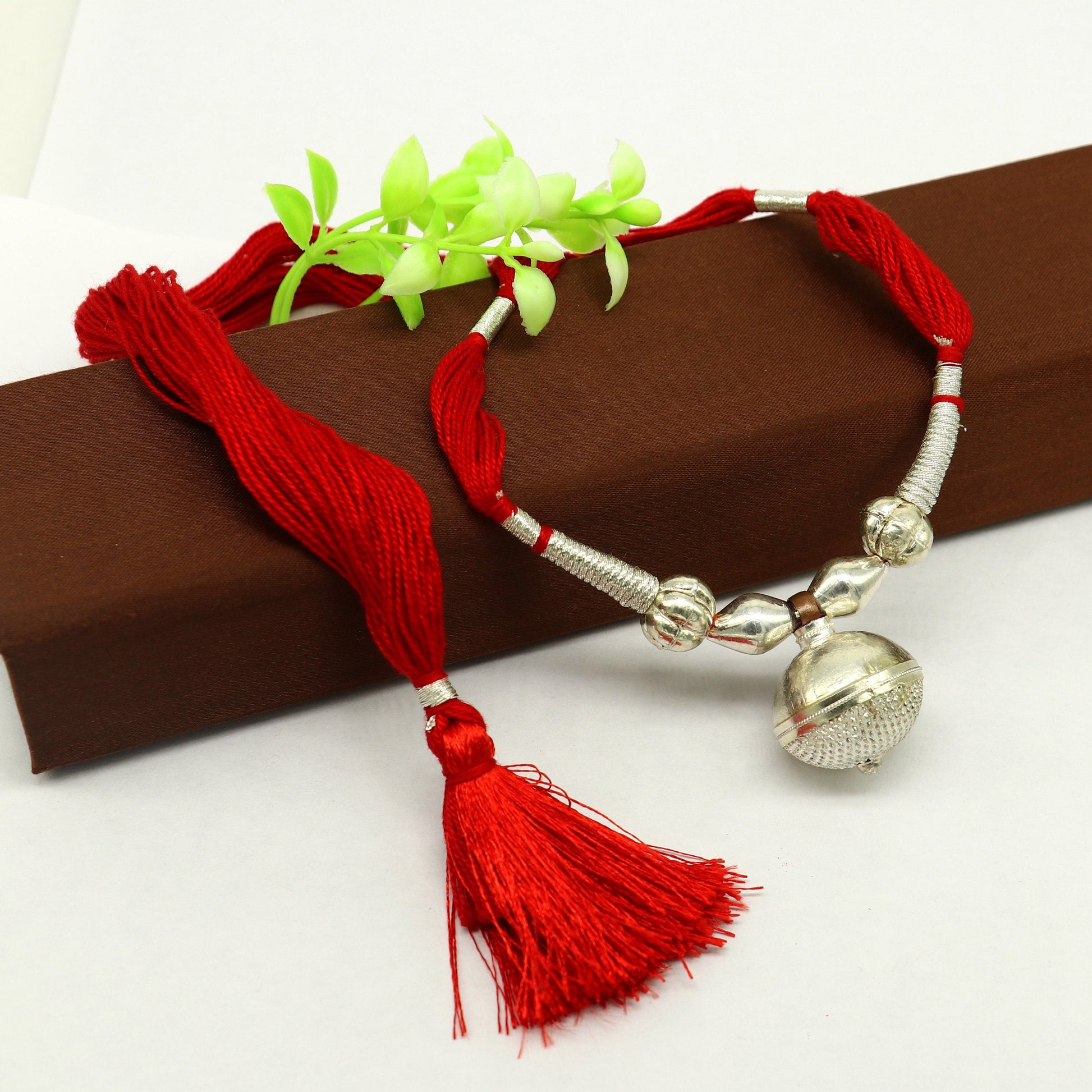 Vintage sterling silver beads and red thread tribal necklace with charm, adjustable wedding choker for brides by TRIBAL ORNAMENTS.