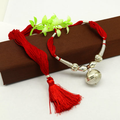 Vintage sterling silver beads and red thread tribal necklace with charm, adjustable wedding choker for brides by TRIBAL ORNAMENTS.