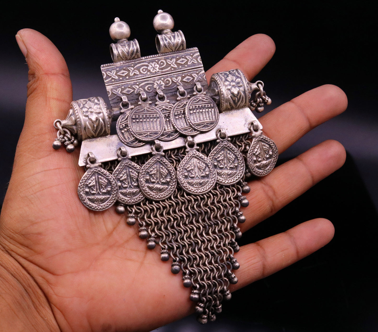 Vintage Traditional trendy design 925 sterling silver handmade long pendant necklace tribal ethnic Banjara Boho jewelry from india nsp330 - TRIBAL ORNAMENTS