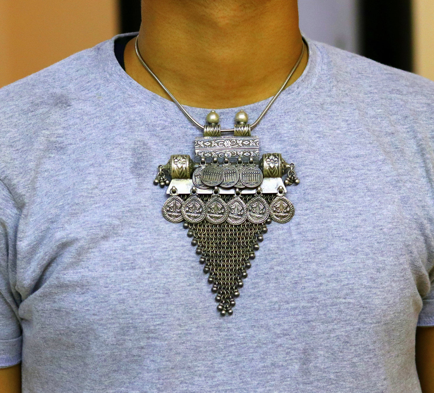 Vintage Traditional trendy design 925 sterling silver handmade long pendant necklace tribal ethnic Banjara Boho jewelry from india nsp330 - TRIBAL ORNAMENTS