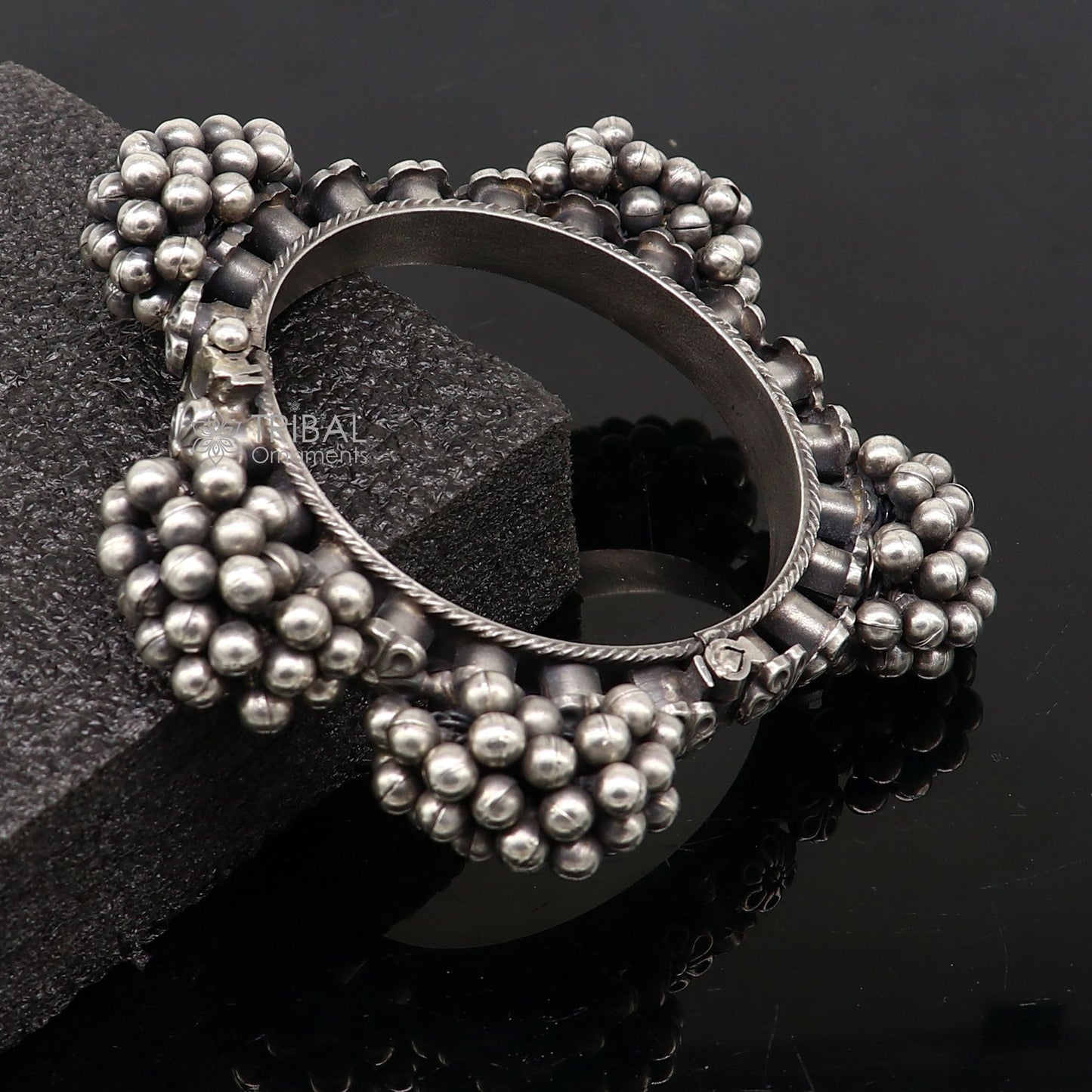 Vintage tribal style 925 sterling silver bangle bracelet with silver beads, handcrafted tribal jewelry for wedding and special occasions.