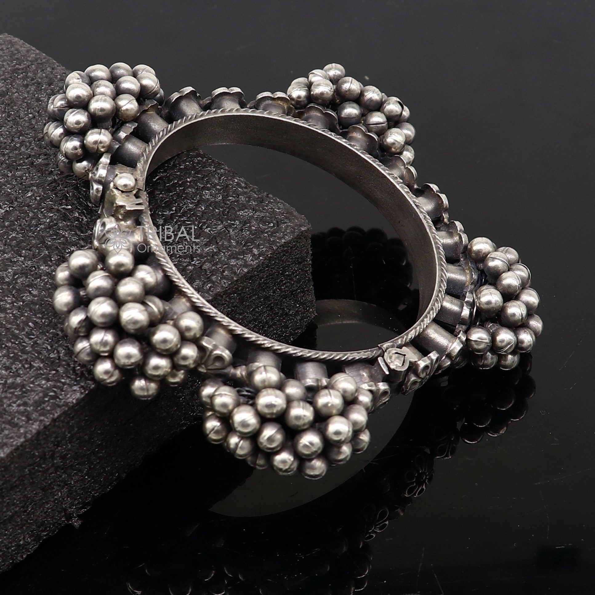 Vintage tribal style 925 sterling silver bangle bracelet with silver beads, handcrafted tribal jewelry for wedding and special occasions.