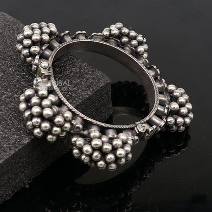 Vintage tribal style 925 sterling silver bangle bracelet with silver beads, handcrafted tribal jewelry for wedding and special occasions.