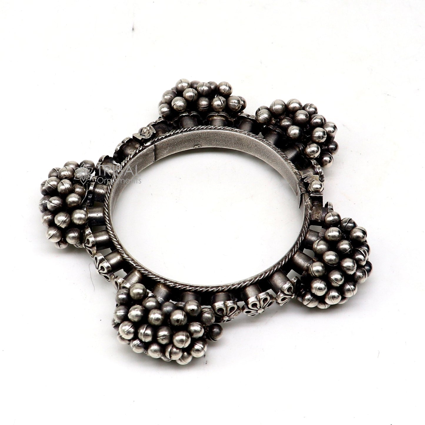 Vintage tribal style 925 sterling silver bangle bracelet with silver beads, handcrafted tribal cultural jewelry for weddings.