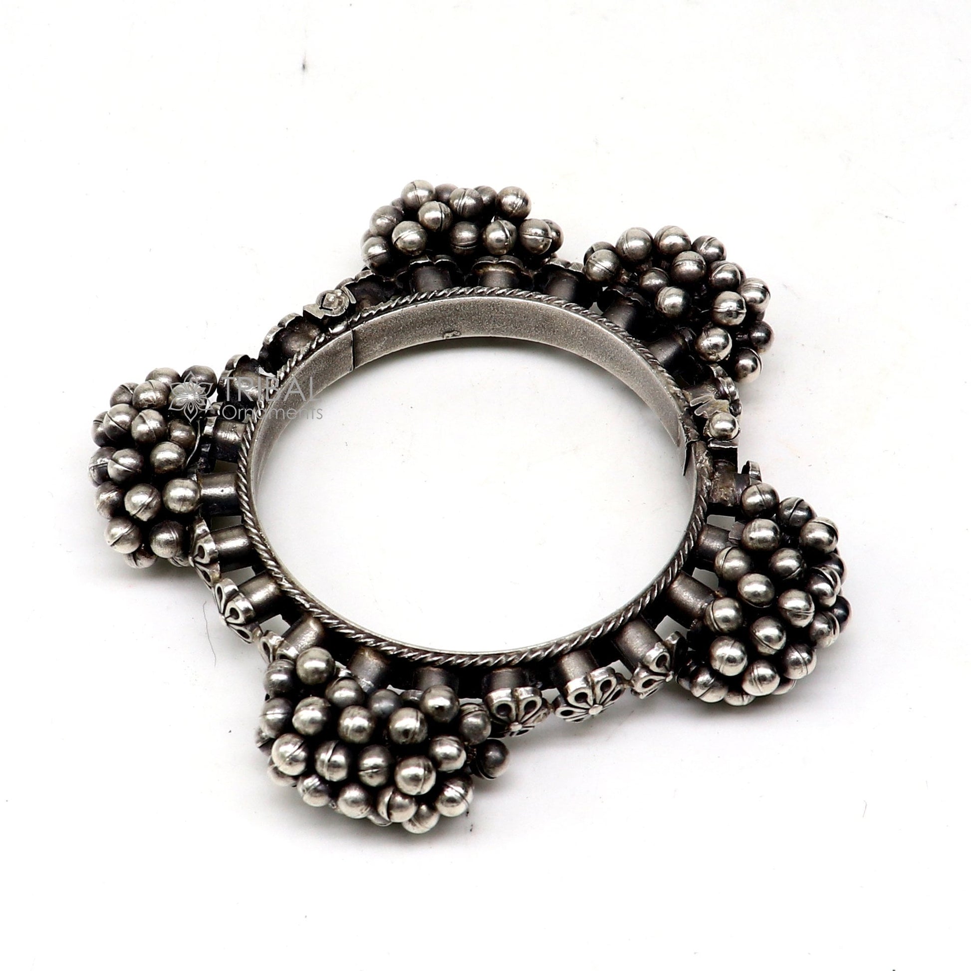 Vintage tribal style 925 sterling silver bangle bracelet with silver beads, handcrafted tribal cultural jewelry for weddings.