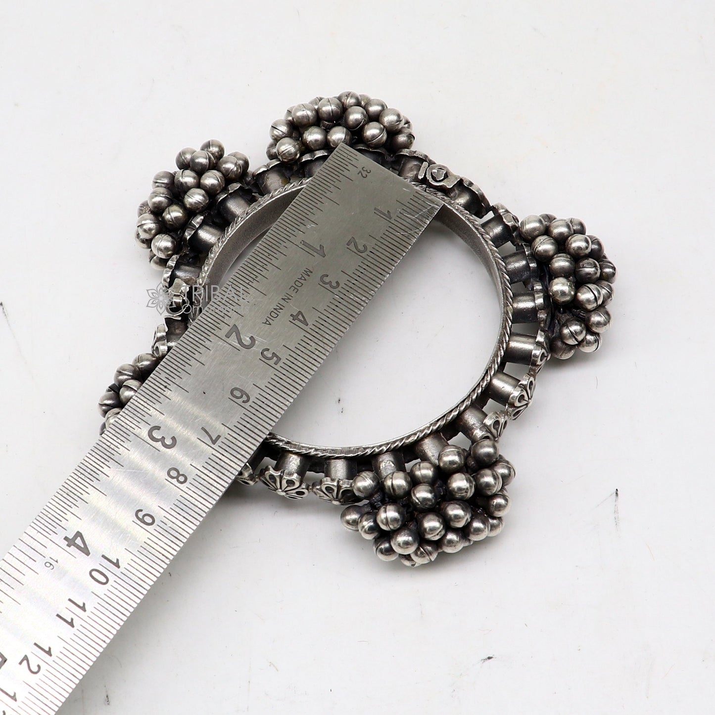 Vintage tribal style 925 sterling silver bangle bracelet with silver beads, handmade cultural jewelry, perfect for wedding accessories.