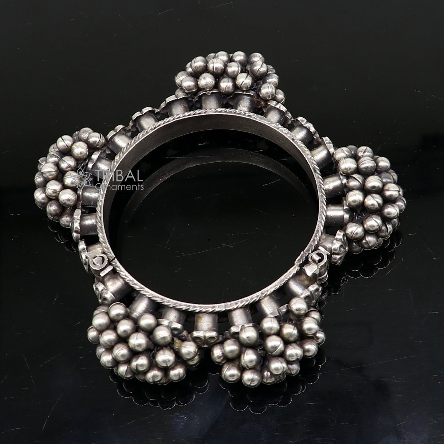Vintage tribal style 925 sterling silver bangle bracelet with silver beads, handmade unique cultural jewelry for wedding or special occasions.