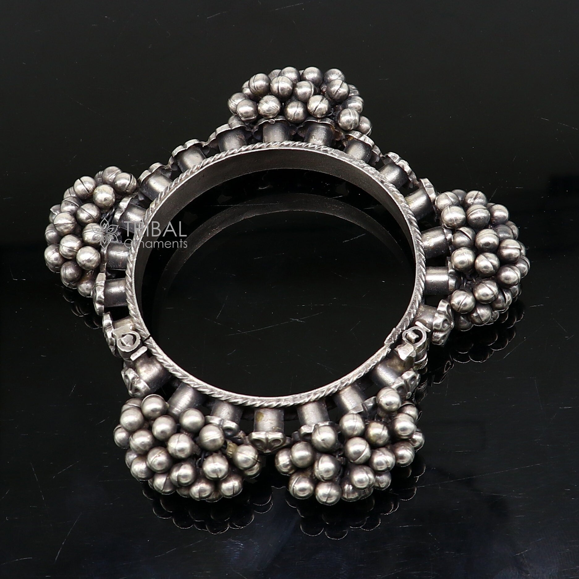 Vintage tribal style 925 sterling silver bangle bracelet with silver beads, handmade unique cultural jewelry for wedding or special occasions.