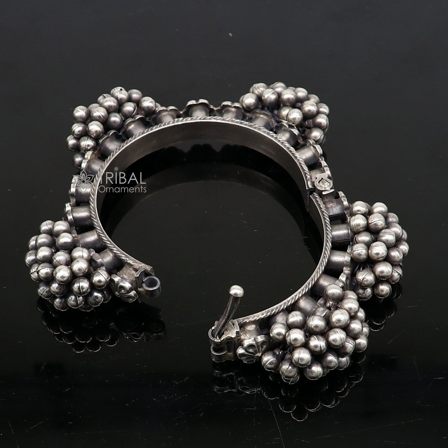 Vintage tribal style 925 sterling silver bangle bracelet with silver beads, handmade tribal cultural jewelry for weddings.