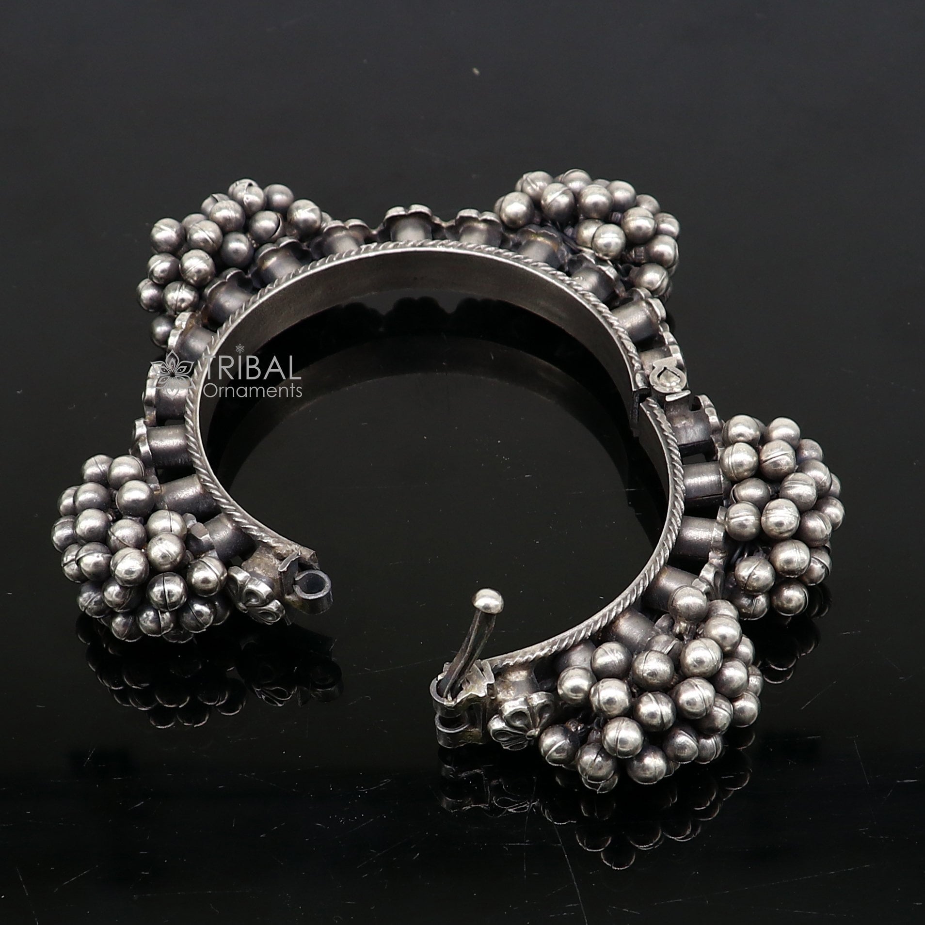 Vintage tribal style 925 sterling silver bangle bracelet with silver beads, handmade tribal cultural jewelry for weddings.