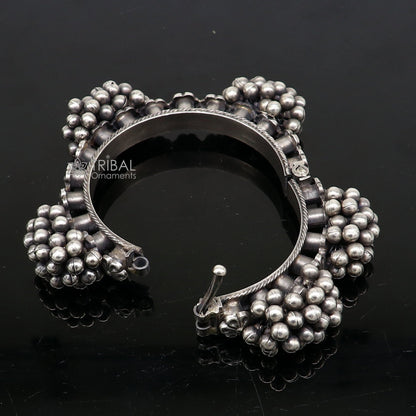 Vintage tribal style 925 sterling silver bangle bracelet with silver beads, handmade tribal cultural jewelry for weddings.