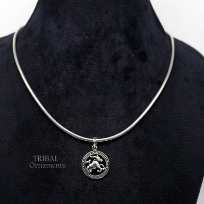 Sterling silver Makar Rashi zodiac pendant featuring Capricorn symbol, ethnic horoscope jewelry by TRIBAL ORNAMENTS.
