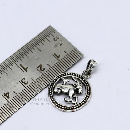925 sterling silver Makar Rashi horoscope pendant featuring Capricorn zodiac symbol, tribal ornament ethnic jewelry.