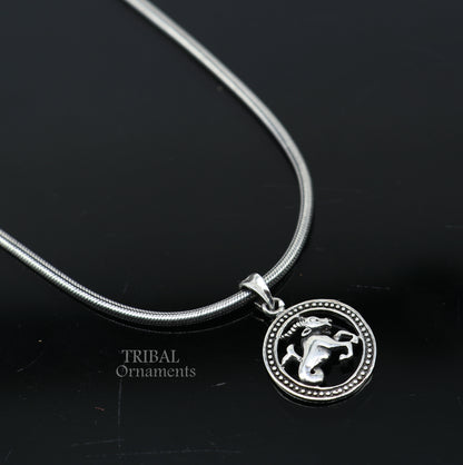 925 sterling silver horoscope Makar Rashi zodiac pendant featuring the Capricorn symbol, tribal ornament ethnic jewelry design.