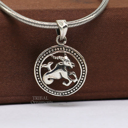 925 sterling silver Capricorn zodiac pendant featuring the Makar Rashi symbol, tribal ornament jewelry design.