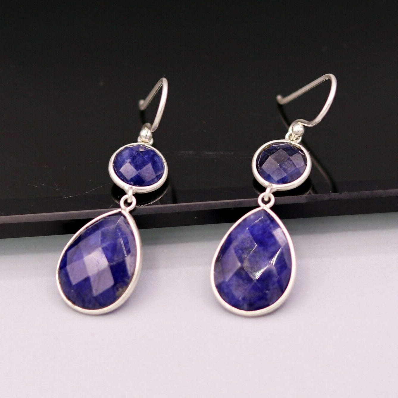 925 STERLING SILVER HANDMADE DAILY USE SIMULATED SAPPHIRE HOOPS EARRINGS s162 - TRIBAL ORNAMENTS