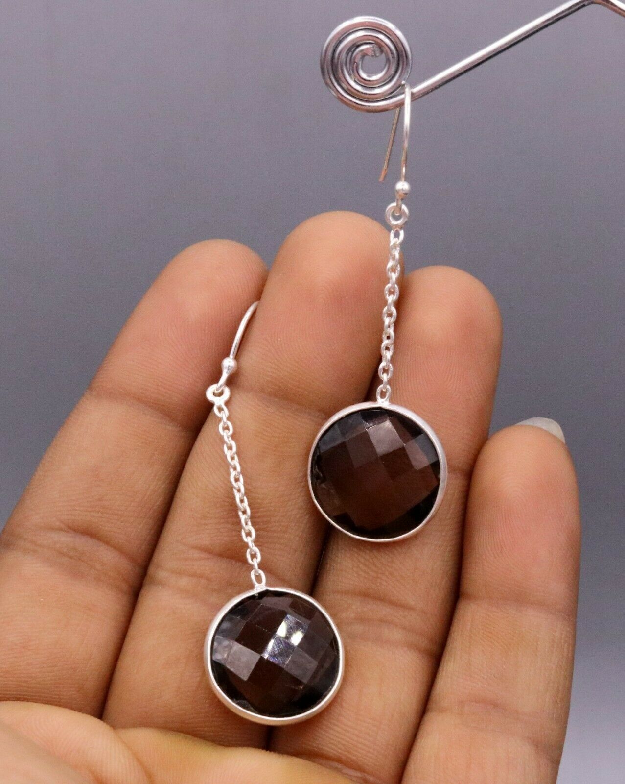 BEST OFFER 925 SILVER HOOPS DANGLE SMOKY QUARTZ BEST FOR GIRLS WOMEN'S USE s170 - TRIBAL ORNAMENTS