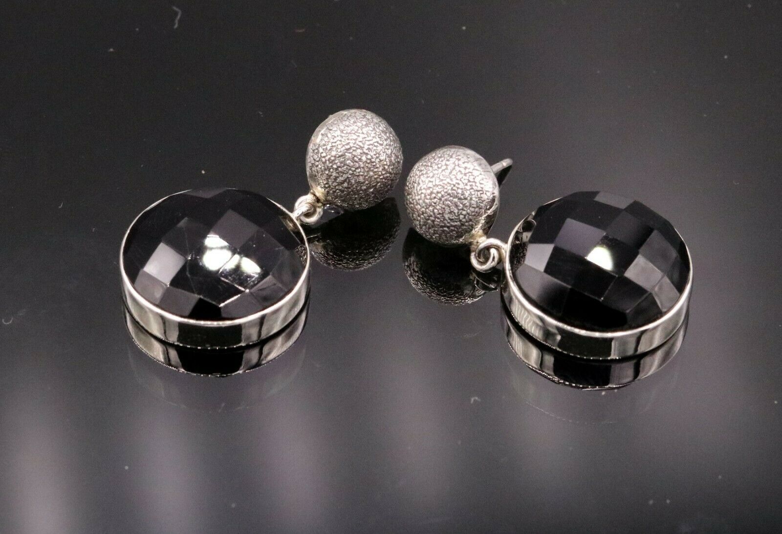 BOLLYWOOD STYLE 925 SILVER HANDMADE BLACK ONYX STONE HOOPS EARRING DANGLE s152 - TRIBAL ORNAMENTS