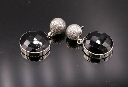 BOLLYWOOD STYLE 925 SILVER HANDMADE BLACK ONYX STONE HOOPS EARRING DANGLE s152 - TRIBAL ORNAMENTS
