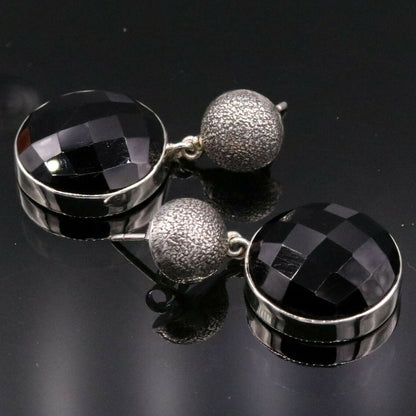 BOLLYWOOD STYLE 925 SILVER HANDMADE BLACK ONYX STONE HOOPS EARRING DANGLE s152 - TRIBAL ORNAMENTS