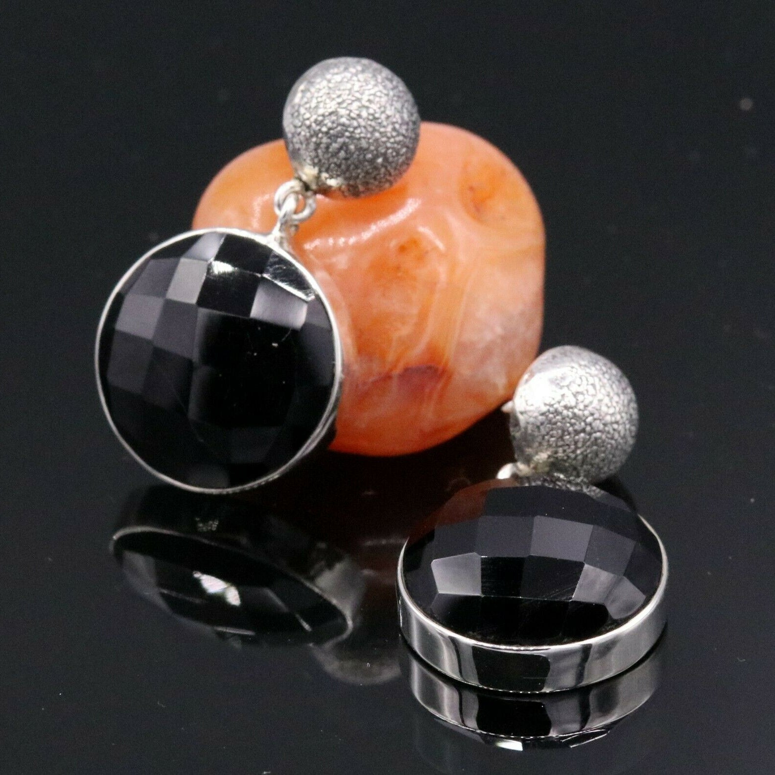 BOLLYWOOD STYLE 925 SILVER HANDMADE BLACK ONYX STONE HOOPS EARRING DANGLE s152 - TRIBAL ORNAMENTS