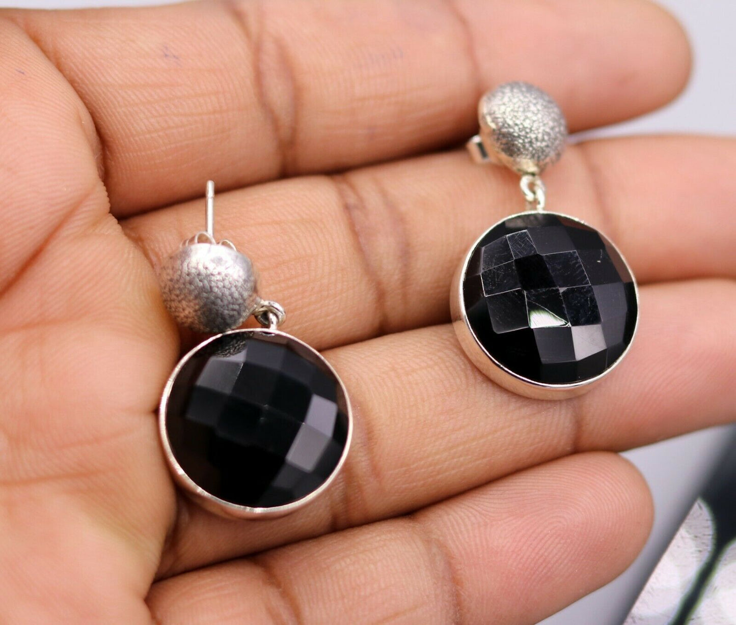 BOLLYWOOD STYLE 925 SILVER HANDMADE BLACK ONYX STONE HOOPS EARRING DANGLE s152 - TRIBAL ORNAMENTS