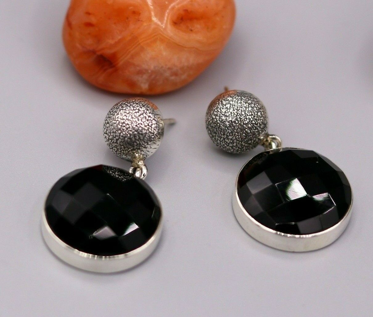 BOLLYWOOD STYLE 925 SILVER HANDMADE BLACK ONYX STONE HOOPS EARRING DANGLE s152 - TRIBAL ORNAMENTS
