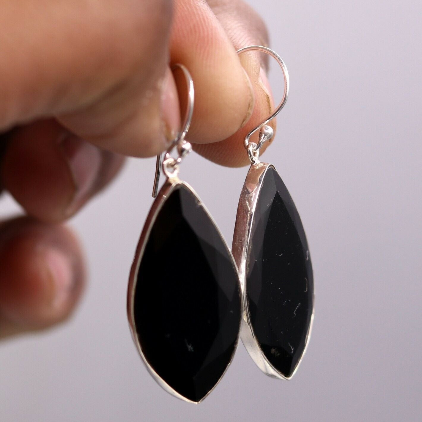 EXCELLENT GIFTING JEWELRY BLACK ONYX 925 SILVER HOOPS DROP DANGLE EARRING s129 - TRIBAL ORNAMENTS