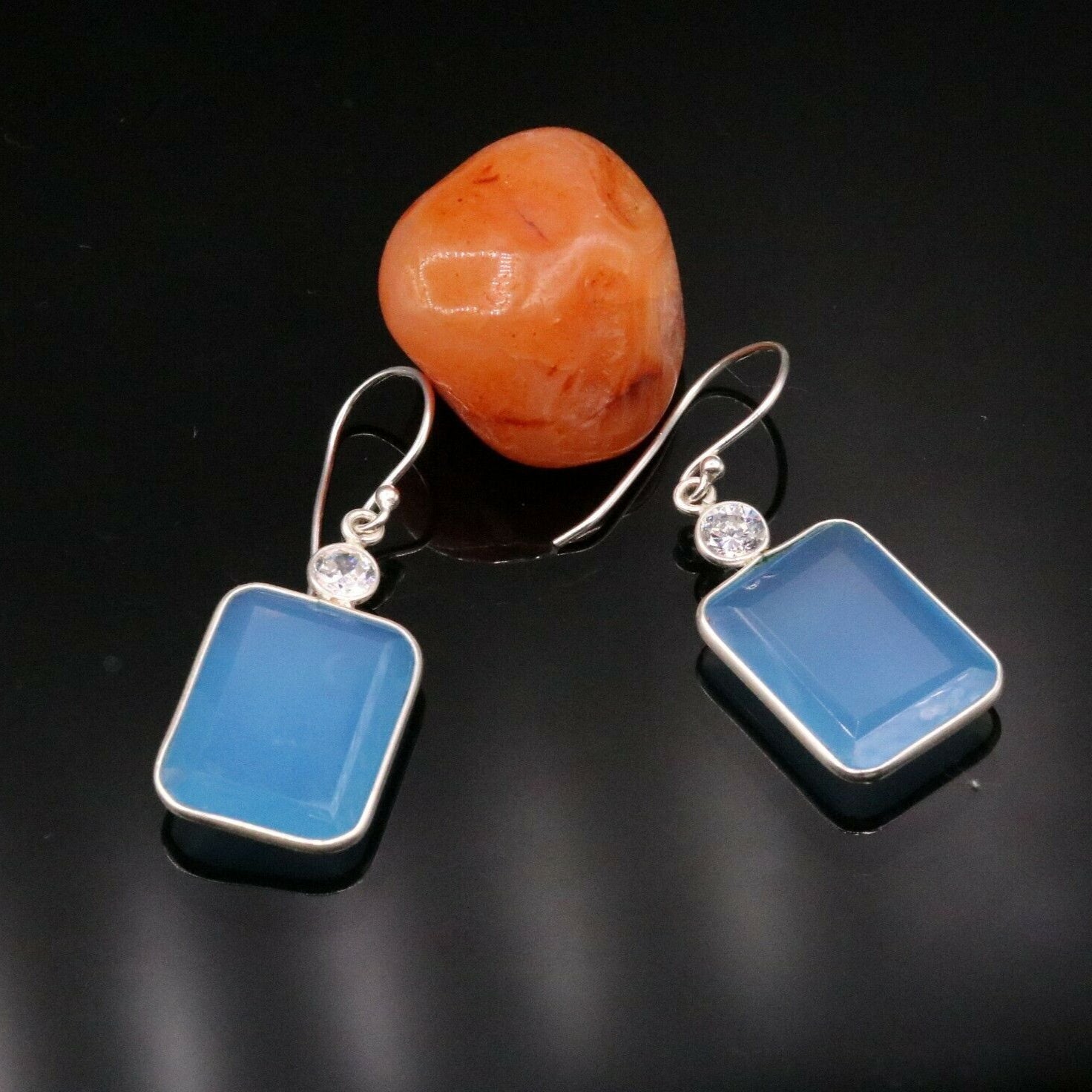 PRETTY SKY BLUE QUARTZ STONE 925 STERLING SILVER DROP DANGLE HOOPS EARRINGS s124 - TRIBAL ORNAMENTS