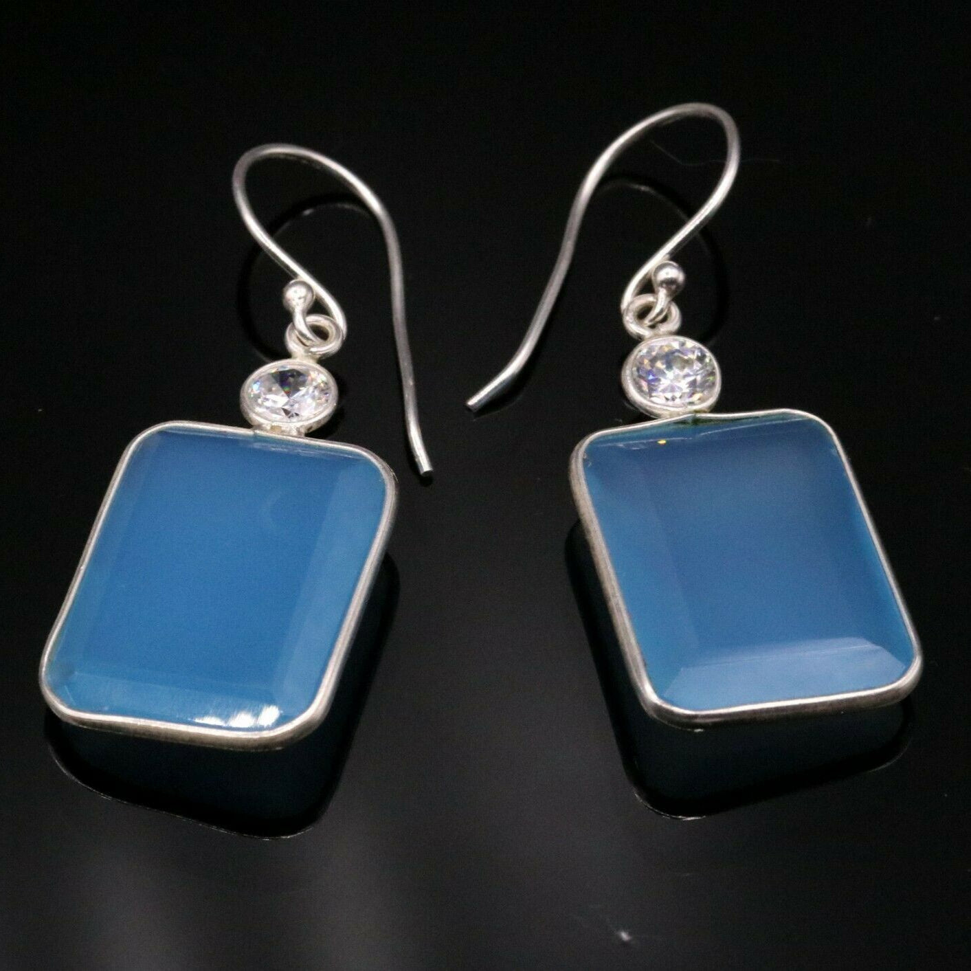 PRETTY SKY BLUE QUARTZ STONE 925 STERLING SILVER DROP DANGLE HOOPS EARRINGS s124 - TRIBAL ORNAMENTS