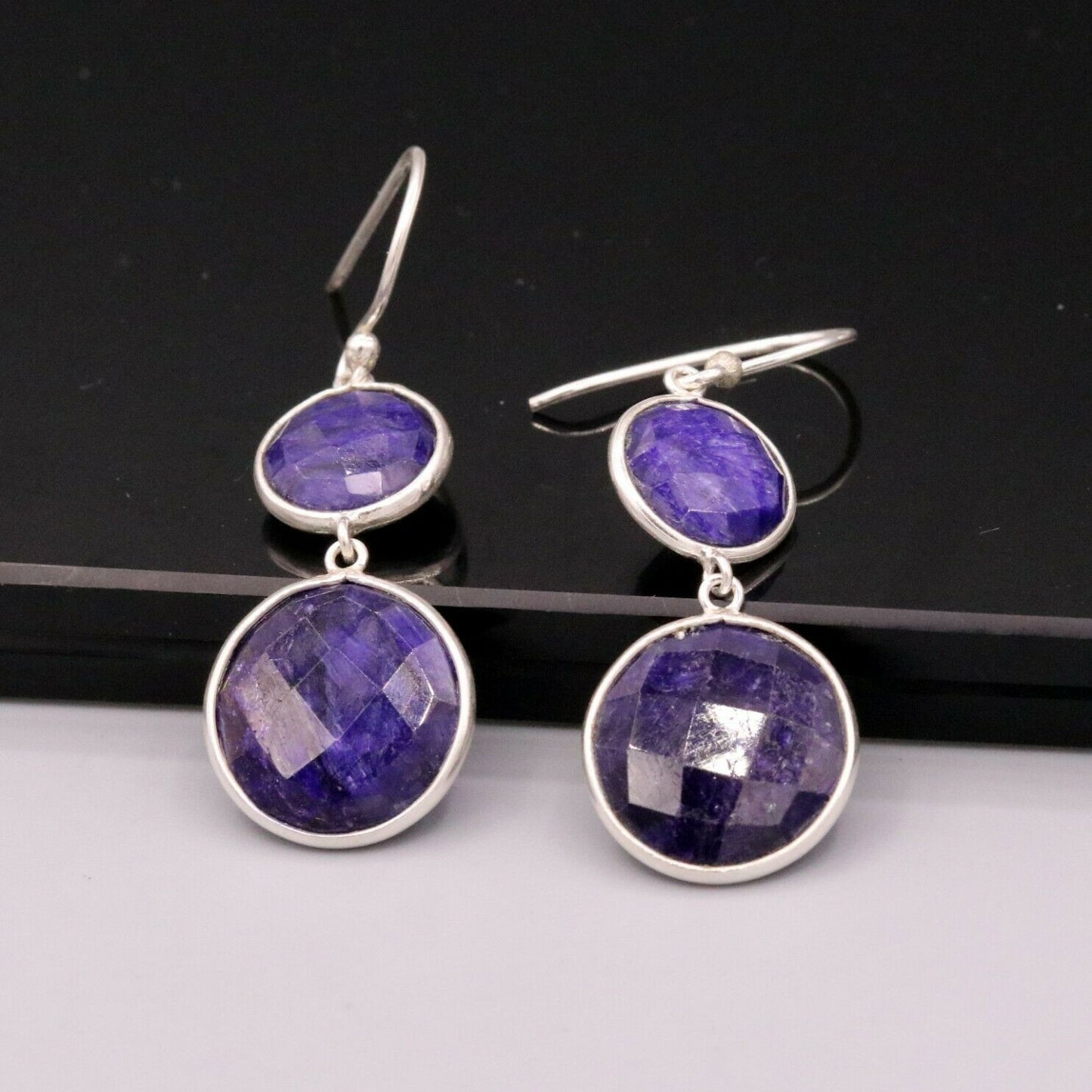 SIMULATED SAPPHIRE 925 SILVER DAILY USE SIMULATED SAPPHIRE HOOPS EARRINGS s163 - TRIBAL ORNAMENTS