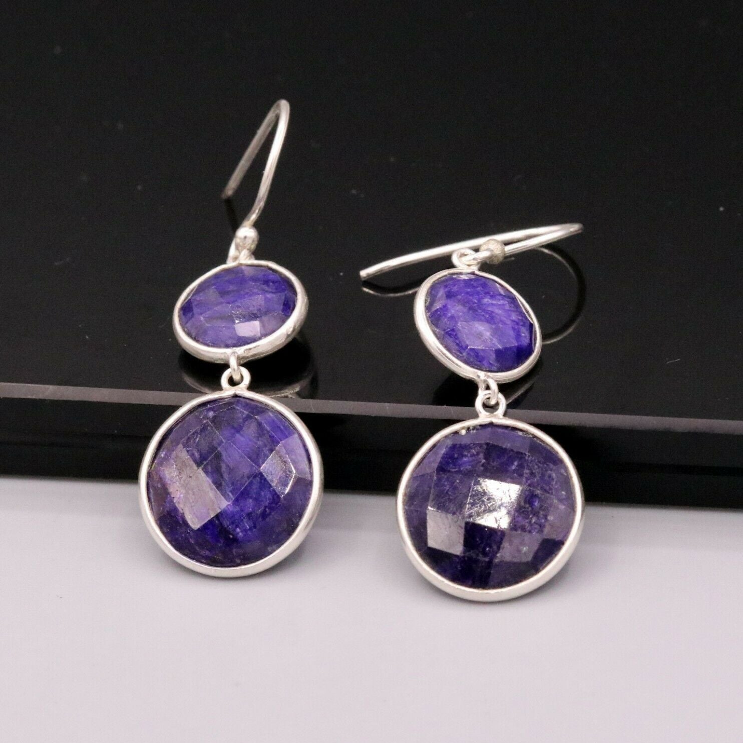 SIMULATED SAPPHIRE 925 SILVER DAILY USE SIMULATED SAPPHIRE HOOPS EARRINGS s163 - TRIBAL ORNAMENTS