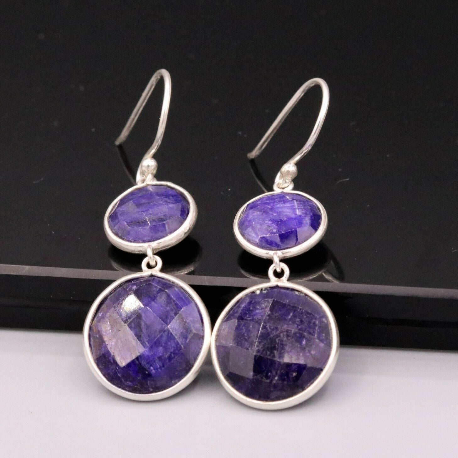 SIMULATED SAPPHIRE 925 SILVER DAILY USE SIMULATED SAPPHIRE HOOPS EARRINGS s163 - TRIBAL ORNAMENTS